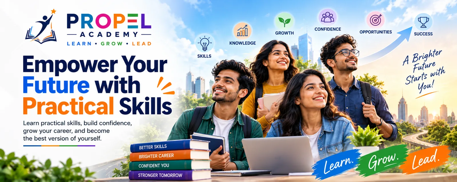 Empower Your Future with Practical Skills. Propel Academy: Learn, Grow, Lead. Smiling students with books and a laptop